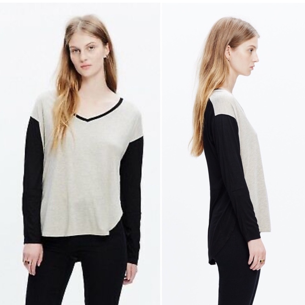 Madewell Anthem V Neck Tan Black Color Block Top Long Sleeves Pullover Sz Small